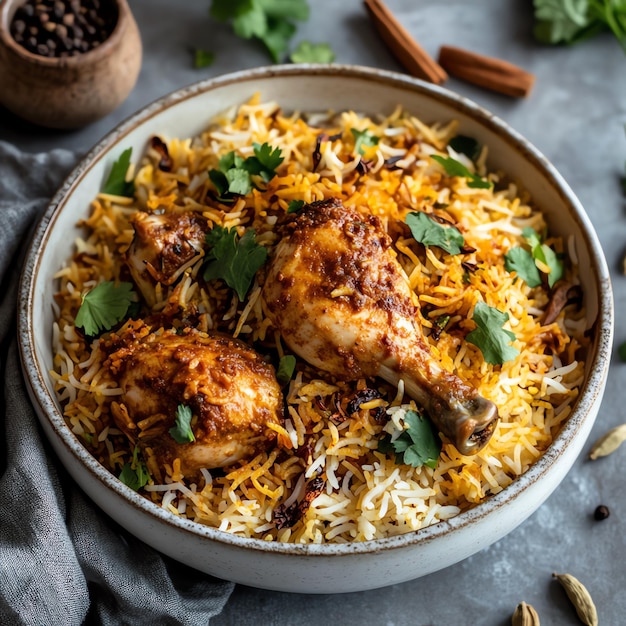 Photo a pan of rice with chicken and rice and a pot of parsley