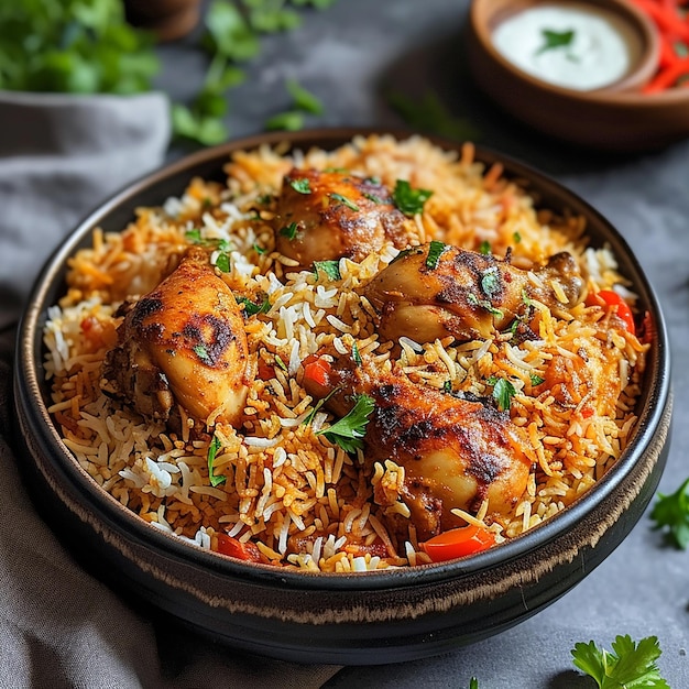 Photo a pan of rice with chicken and rice and rice