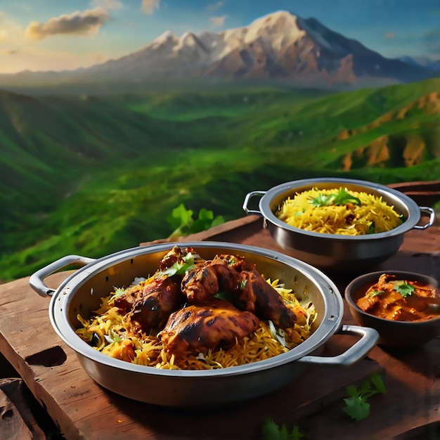 a pan of rice with a mountain in the background