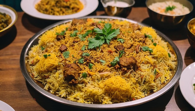 a pan of rice with rice and meat and parsley