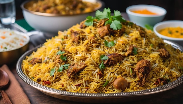 a pan of rice with rice and meat and rice