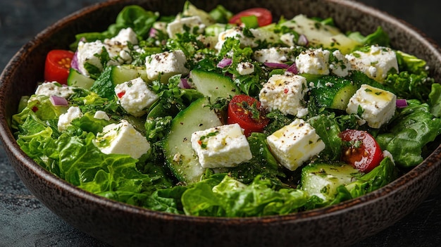 Photo a pan of salad with a salad of feta cheese and tomatoes