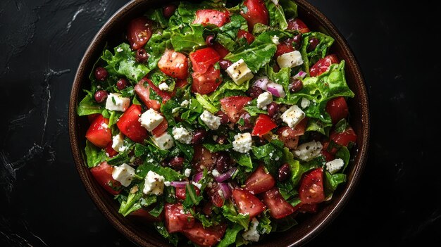 a pan of salad with tomatoes lettuce and cheese