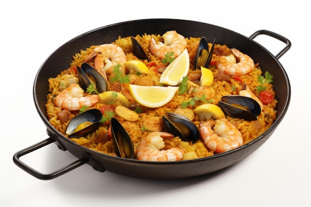 Pan of Seafood and Rice With Lemon Wedges On a White or Clear Surface PNG Transparent Background