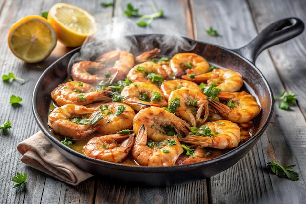 Photo a pan of shrimp garnished with lemon and parsley on a wooden table with a cloth and a lemon wedge seafood cuisine concept