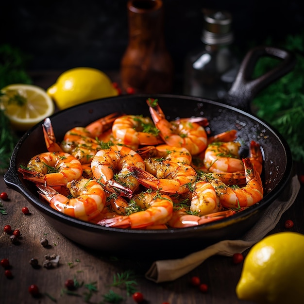 Photo a pan of shrimp with a lemon on the table