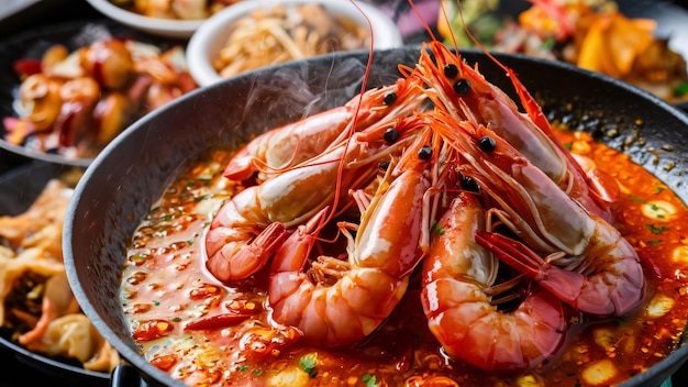 A pan of shrimp with a pot of shrimp and other food ai generated