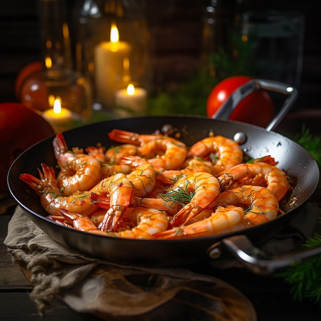 Photo a pan of shrimp with a red ball on the top