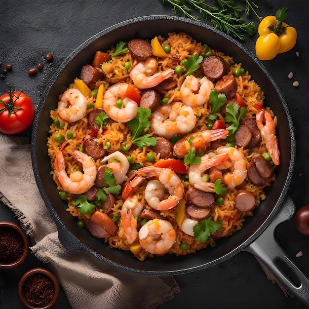 a pan of shrimp with rice and vegetables and a pot of rice