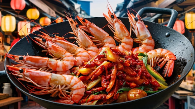 a pan of shrimps and other food including shrimp and vegetables ai generated