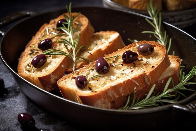 A pan of slices of bread with olives rosemary and salt