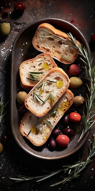 A pan of slices of bread with olives