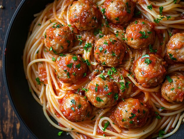 Photo a pan of spaghetti with meatballs and cheese and parsley