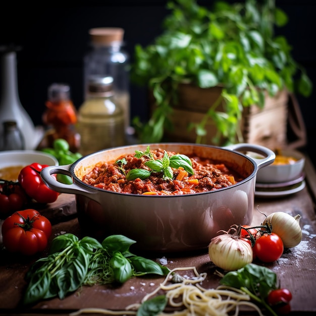 a pan of spaghetti with a sauce and vegetables on it