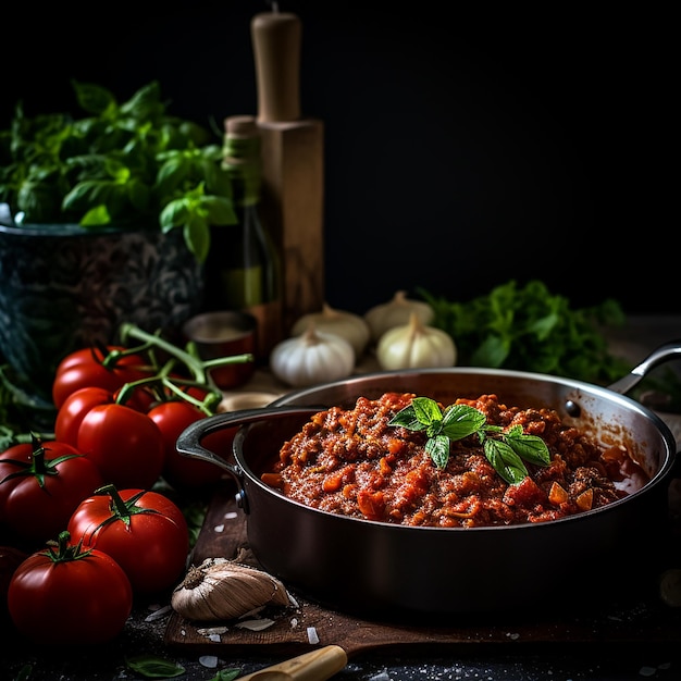 Photo a pan of spaghetti with a sauce and vegetables on it