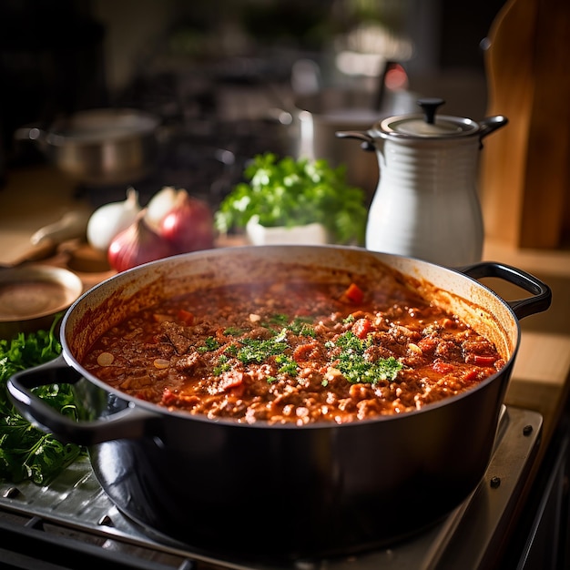 a pan of spaghetti with a sauce and vegetables on it