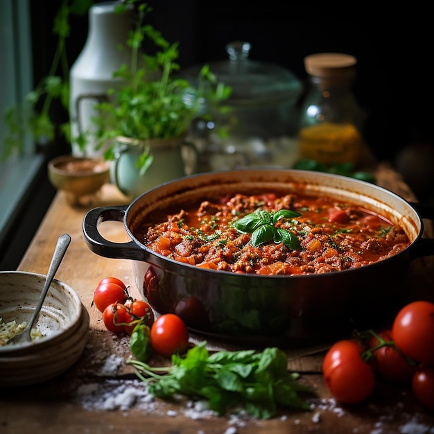 a pan of spaghetti with a sauce and vegetables on it