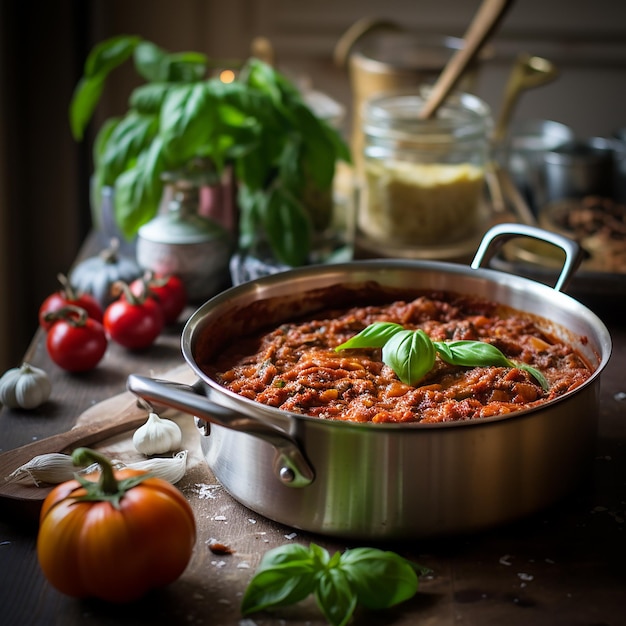 Photo a pan of spaghetti with a sauce and vegetables on it