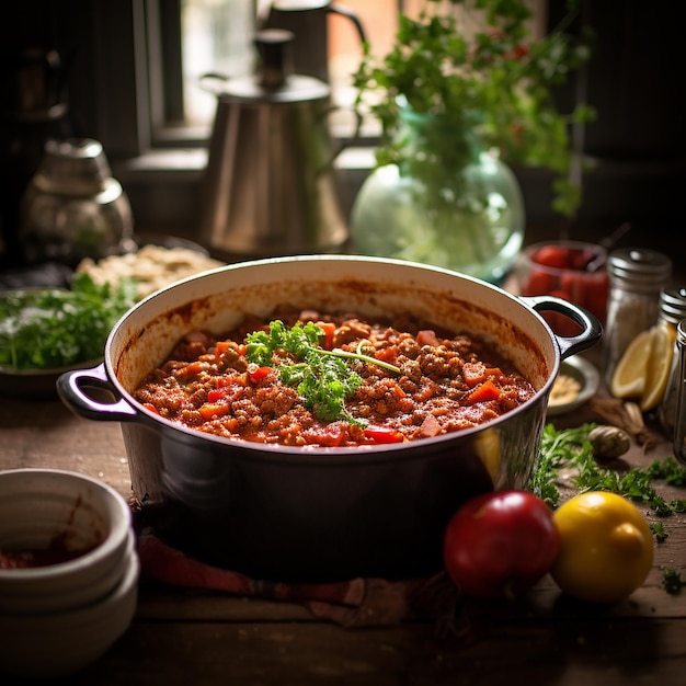 a pan of spaghetti with a sauce and vegetables on it