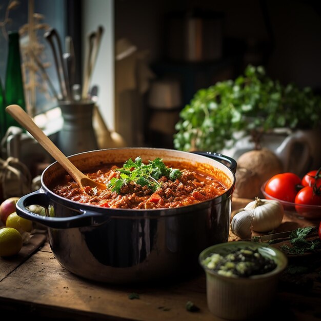 a pan of spaghetti with a sauce and vegetables on it