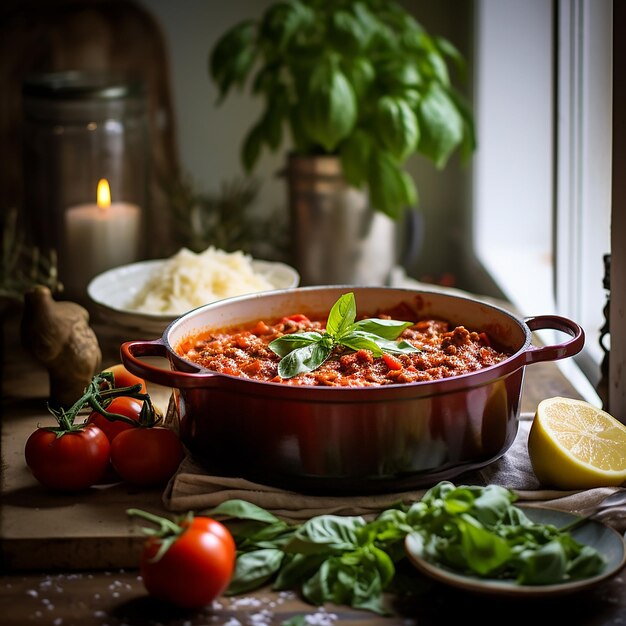 Photo a pan of spaghetti with a sauce and vegetables on it