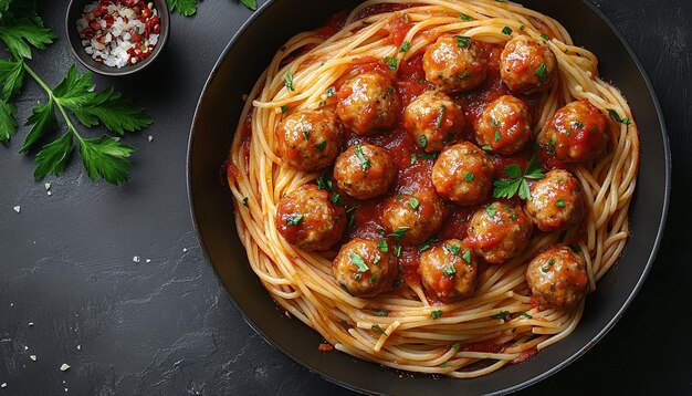 Photo a pan of spaghetti with spaghetti and meatballs