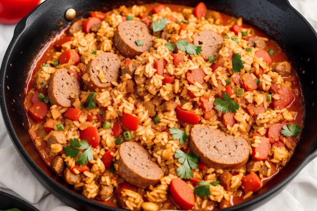 A pan of spanish rice with sausages and tomatoes.