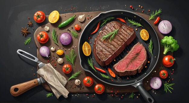 Photo a pan of steaks and vegetables with a knife on it