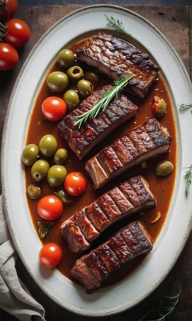 a pan of steaks with tomatoes tomatoes and olives