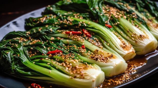 A pan of steamed vegetables with sesame seeds on the side