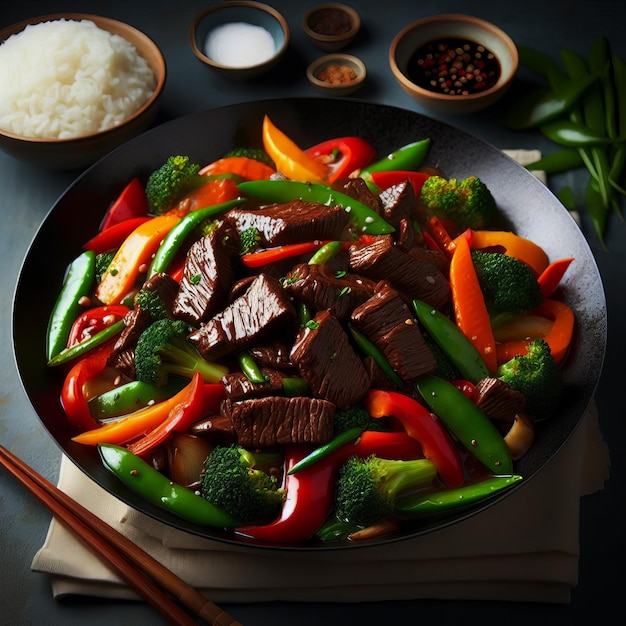 a pan of stir fry with rice broccoli and rice