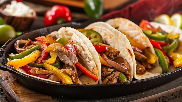 Photo a pan of taco and tacos with peppers and peppers