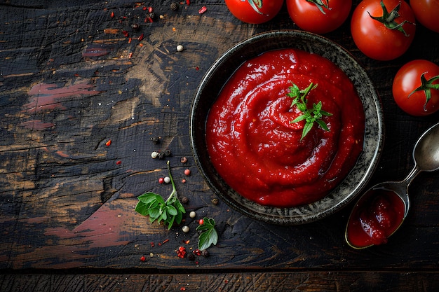 Photo a pan of tomato sauce with a small amount of parsley on the top