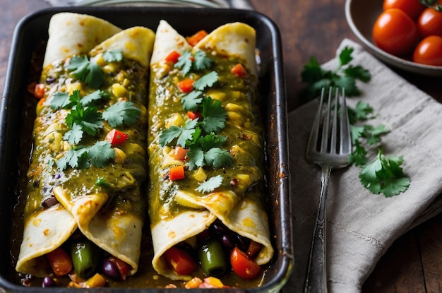 Photo a pan of tortillas with a cup of coffee and a spoon