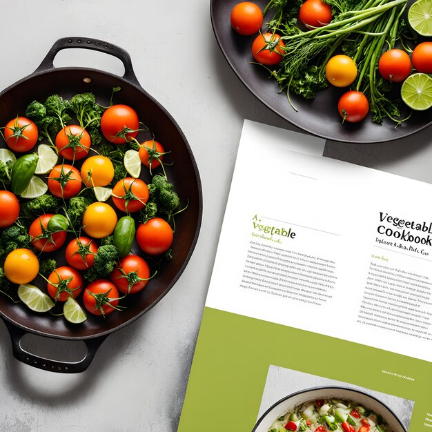 Photo a pan of vegetables with a menu about organic vegetables