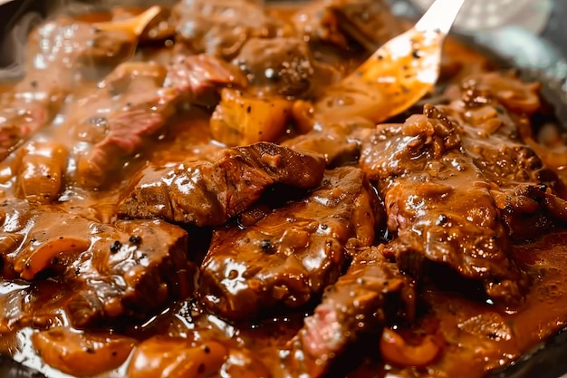 A pan with beef and gravy in it