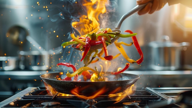 Photo a pan with colorful vegetables is being flambeed on a gas stove