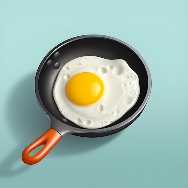 A pan with an egg on it that is on a blue background