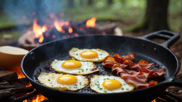 Photo a pan with eggs and bacon cooking on it