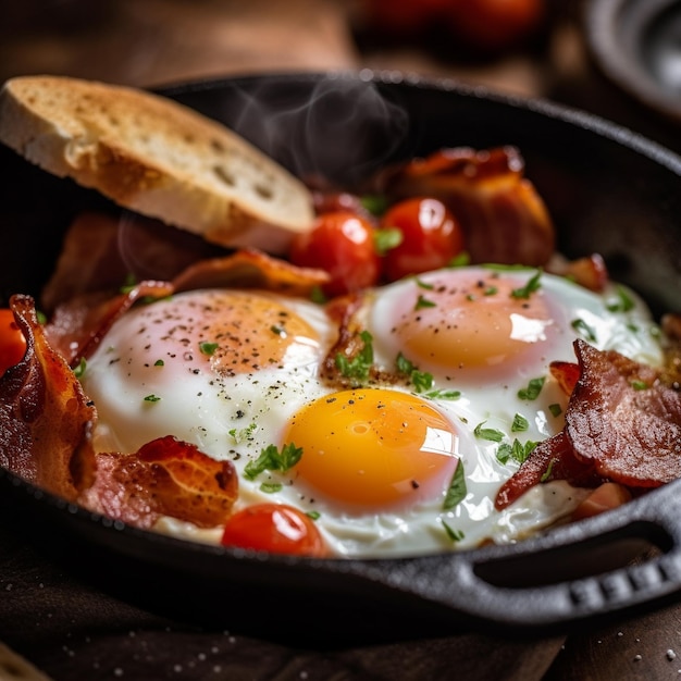 Photo a pan with eggs and bacon in it