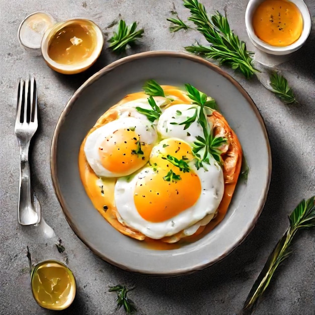 Photo a pan with eggs and herbs on it