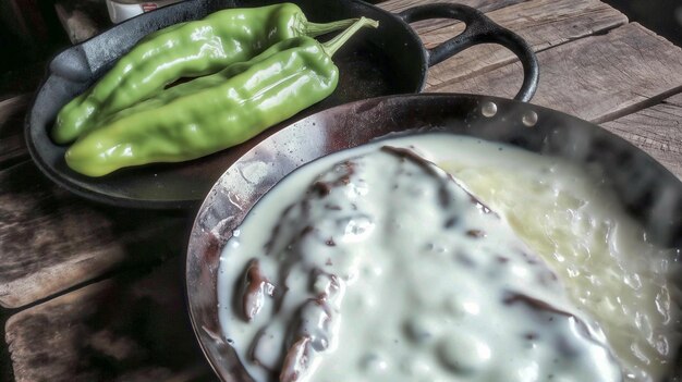 Photo a pan with green peppers and a white substance on it