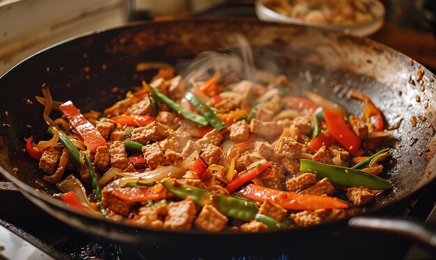 a pan with meat and vegetables cooking in it