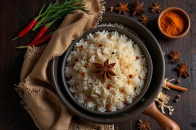 Photo pan with rice dish near spices