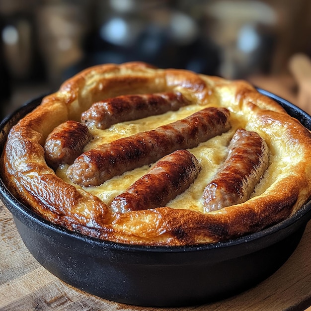 Photo a pan with sausage and cheese on it sits on a table