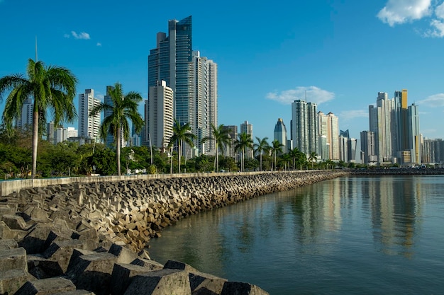 Panama City skyline at Cinta Costera area as seen from the Old quarter Panama