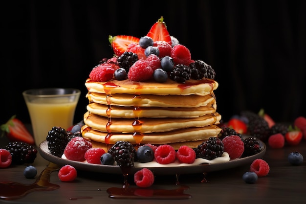 Pancake Stack with a Generous Pile of Fresh Fruits