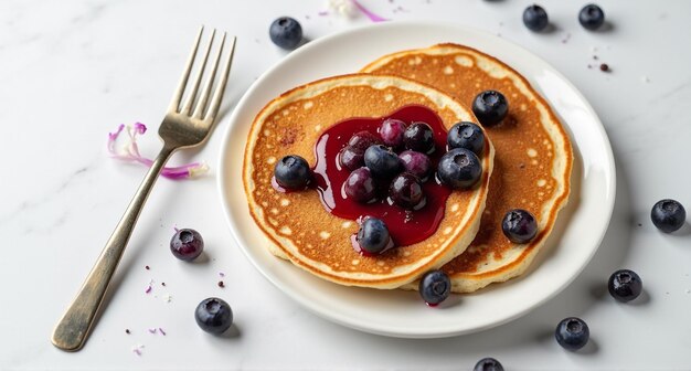 Photo a pancake with blueberries and a fork on a table