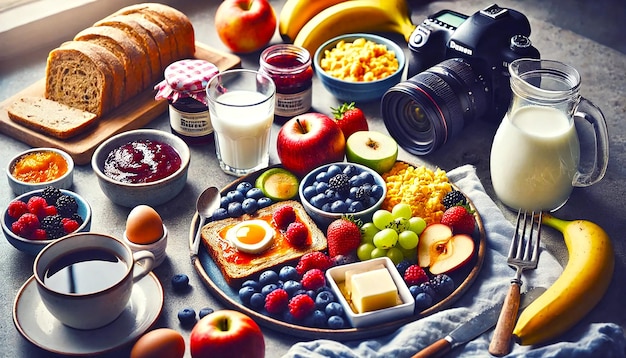 Photo a pancake with fruit and a camera on it