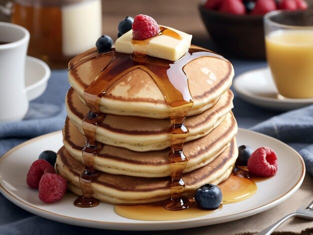 a pancake with syrup and berries on top of it